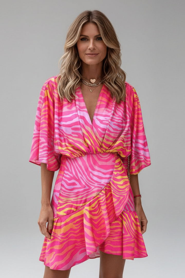 Robe Mini Femme avec Manches Chauve-Souris et Ceinture à Nouer