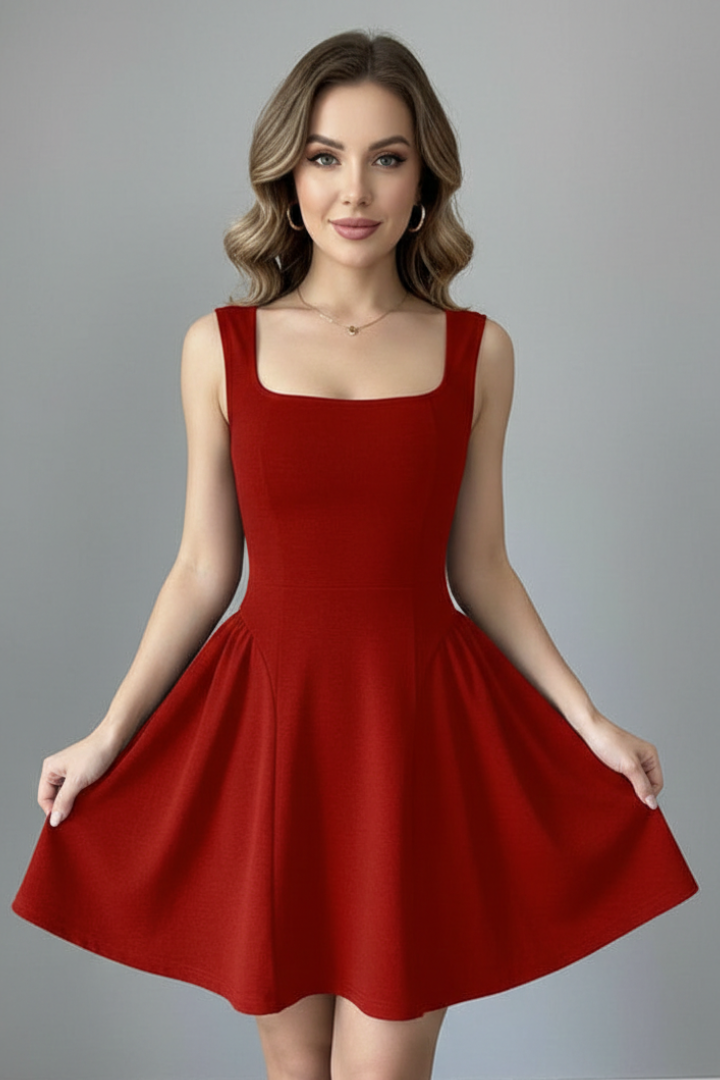 Robe Mini Femme avec Décolleté Carré et Sans Manches
