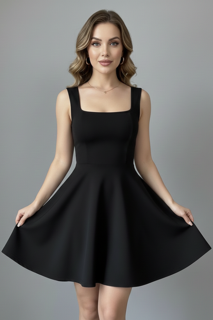 Robe Mini Femme avec Décolleté Carré et Sans Manches