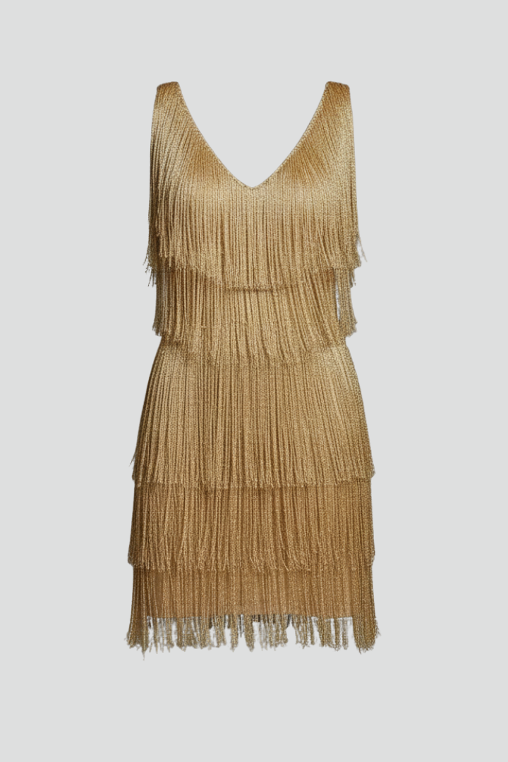 Robe Mini Femme avec Encolure en V et Surface à Franges