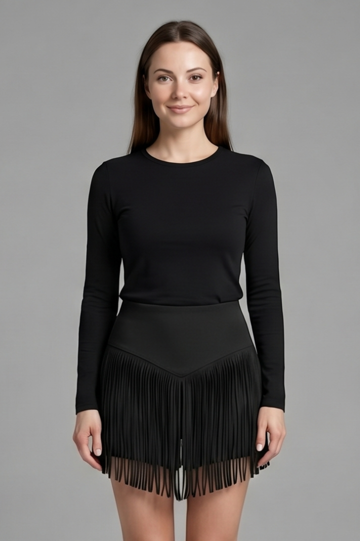 Jupe Mini Femme à Taille Haute et Ourlet Frangé