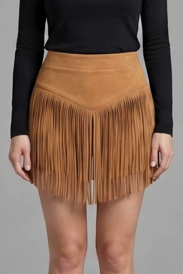 Jupe Mini Femme à Taille Haute et Ourlet Frangé