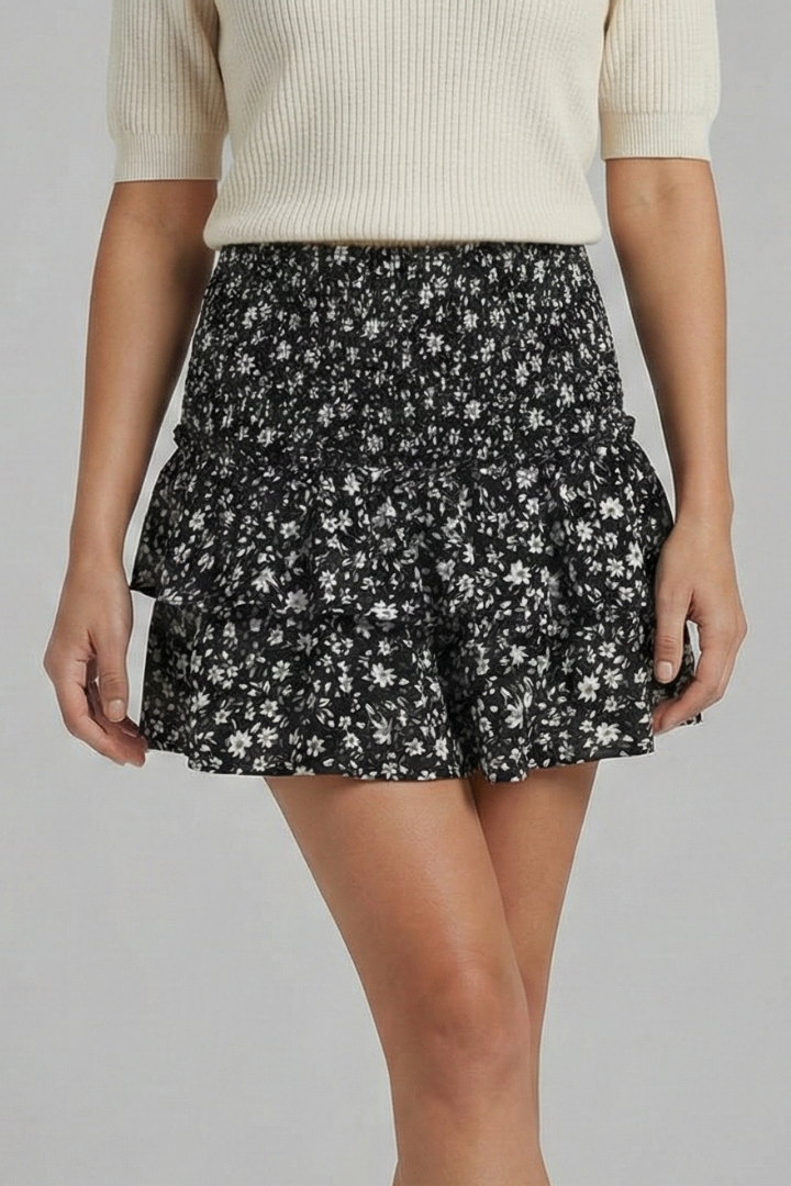 Jupe Mini Femme avec Taille Froncée et Volants