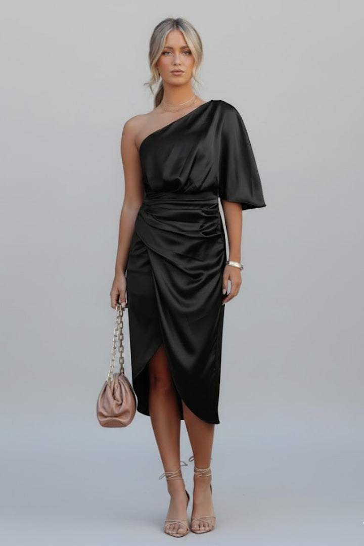 Robe midi à une épaule pour femmes avec taille drapée