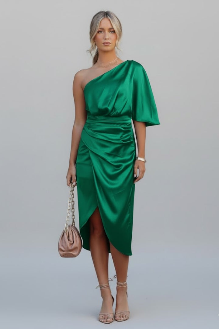 Robe midi à une épaule pour femmes avec taille drapée