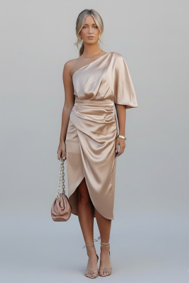Robe midi à une épaule pour femmes avec taille drapée