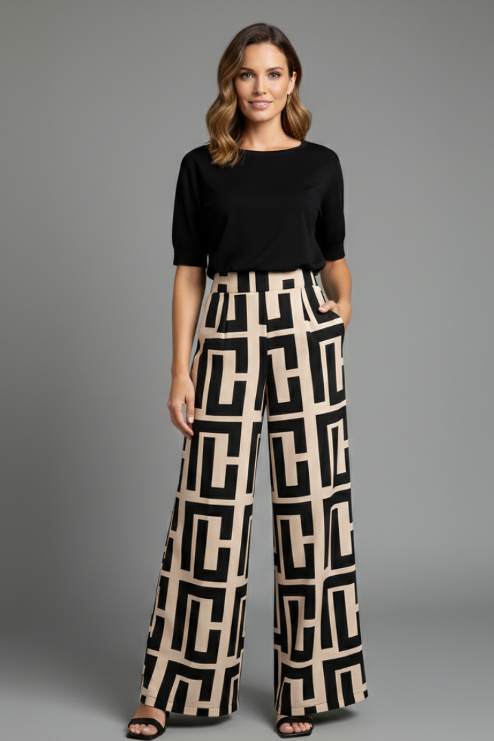 Pantalon Palazzo Femme avec Imprimé Graphique et Jambes Larges