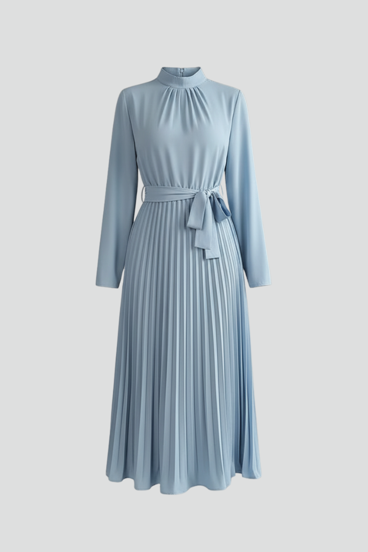 Robe Plissée Femme à Manches Longues et Ceinture à la Taille