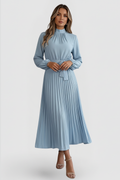 Robe Plissée Femme à Manches Longues et Ceinture à la Taille