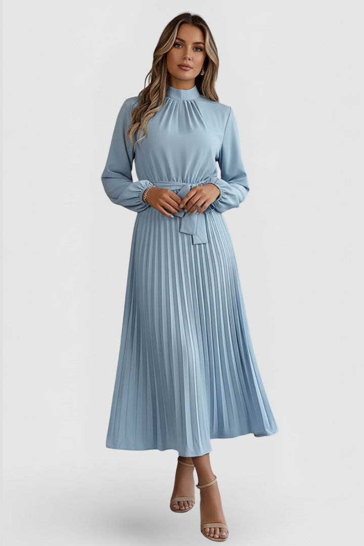 Robe Plissée Femme à Manches Longues et Ceinture à la Taille