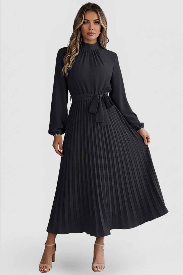 Robe Plissée Femme à Manches Longues et Ceinture à la Taille