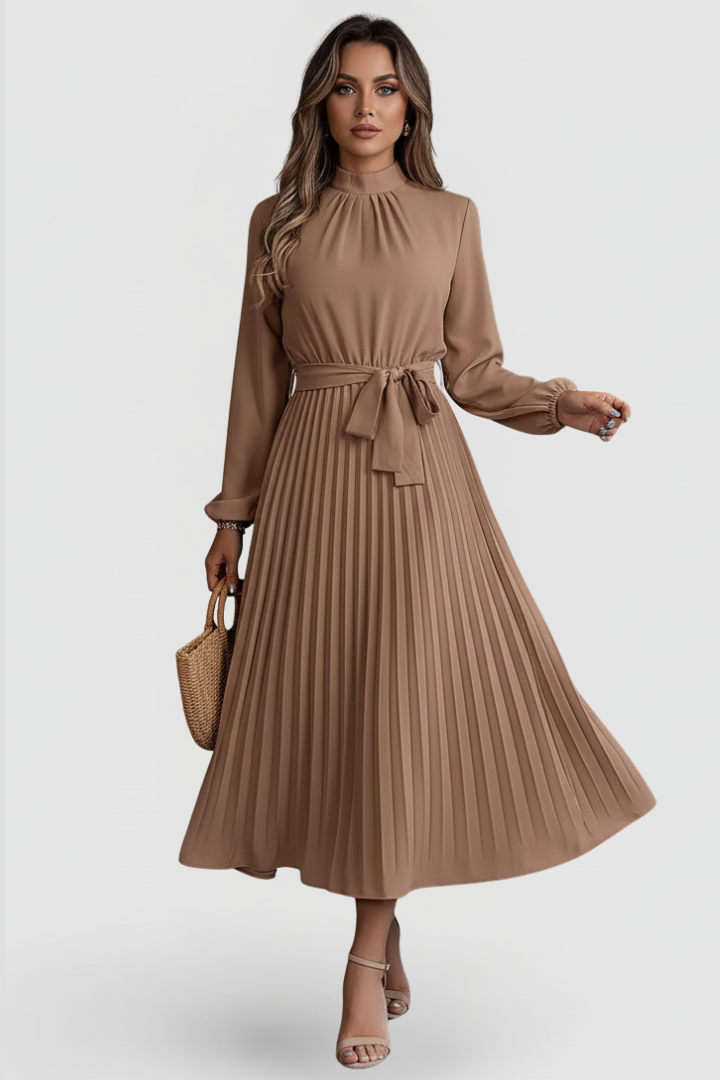Robe Plissée Femme à Manches Longues et Ceinture à la Taille
