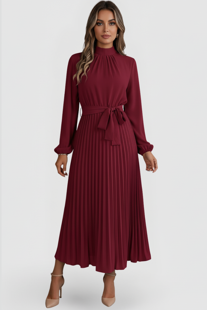 Robe Plissée Femme à Manches Longues et Ceinture à la Taille