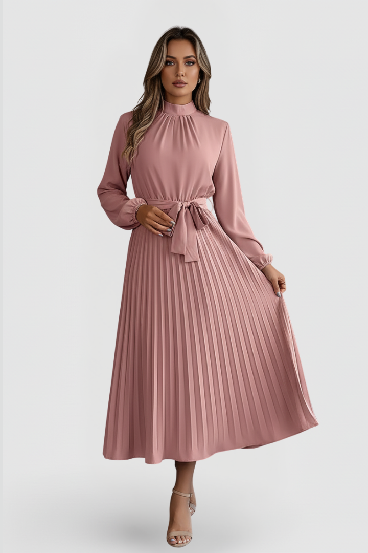 Robe Plissée Femme à Manches Longues et Ceinture à la Taille