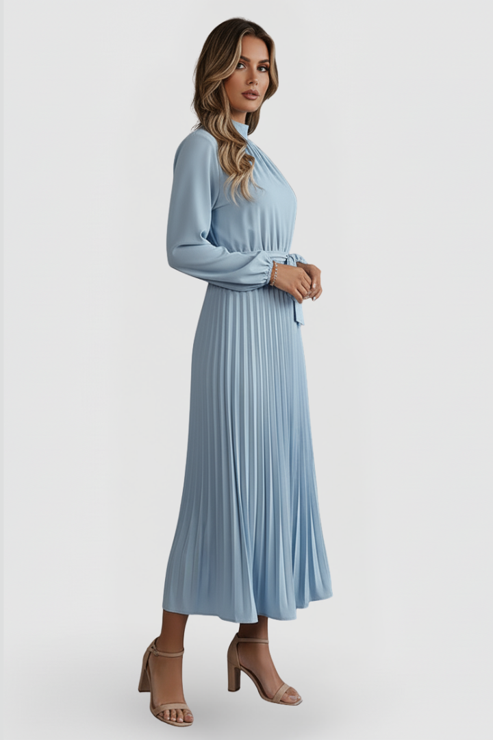 Robe Plissée Femme à Manches Longues et Ceinture à la Taille