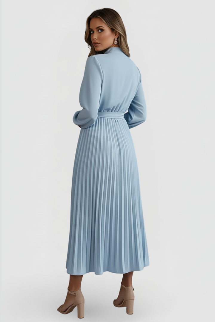 Robe Plissée Femme à Manches Longues et Ceinture à la Taille