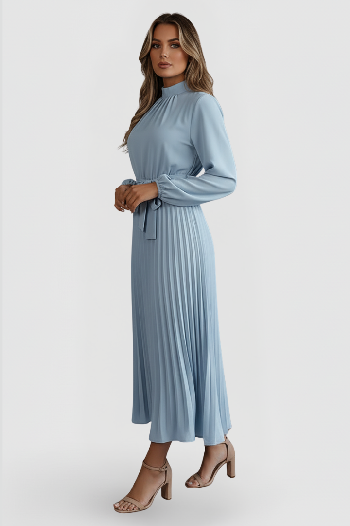 Robe Plissée Femme à Manches Longues et Ceinture à la Taille
