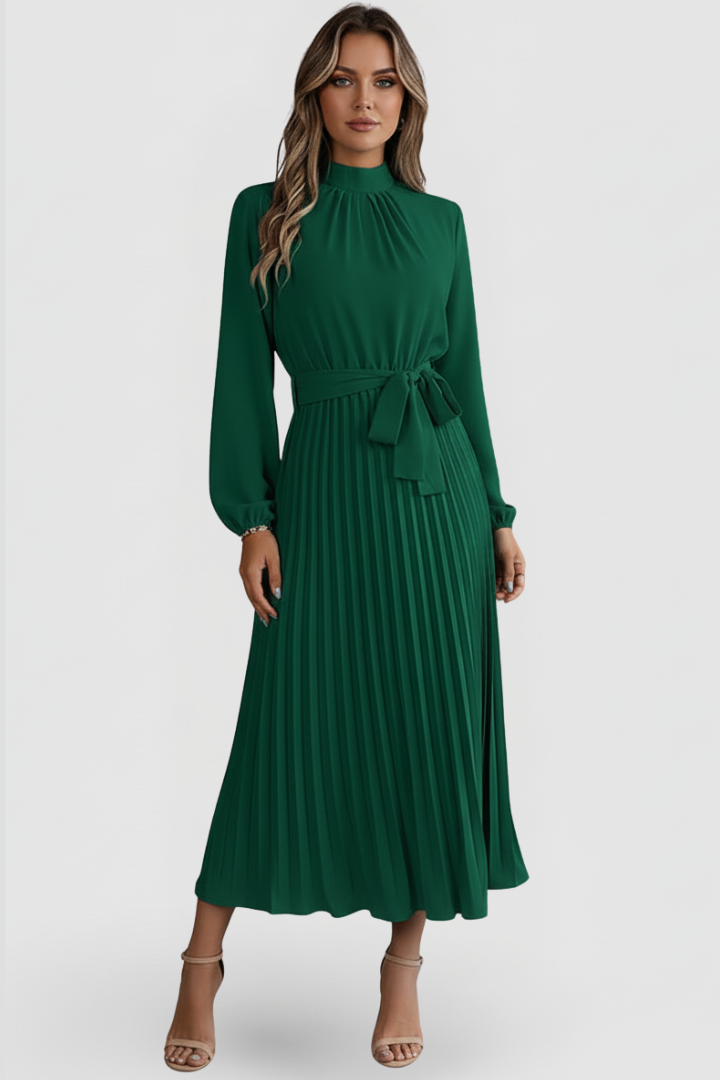 Robe Plissée Femme à Manches Longues et Ceinture à la Taille