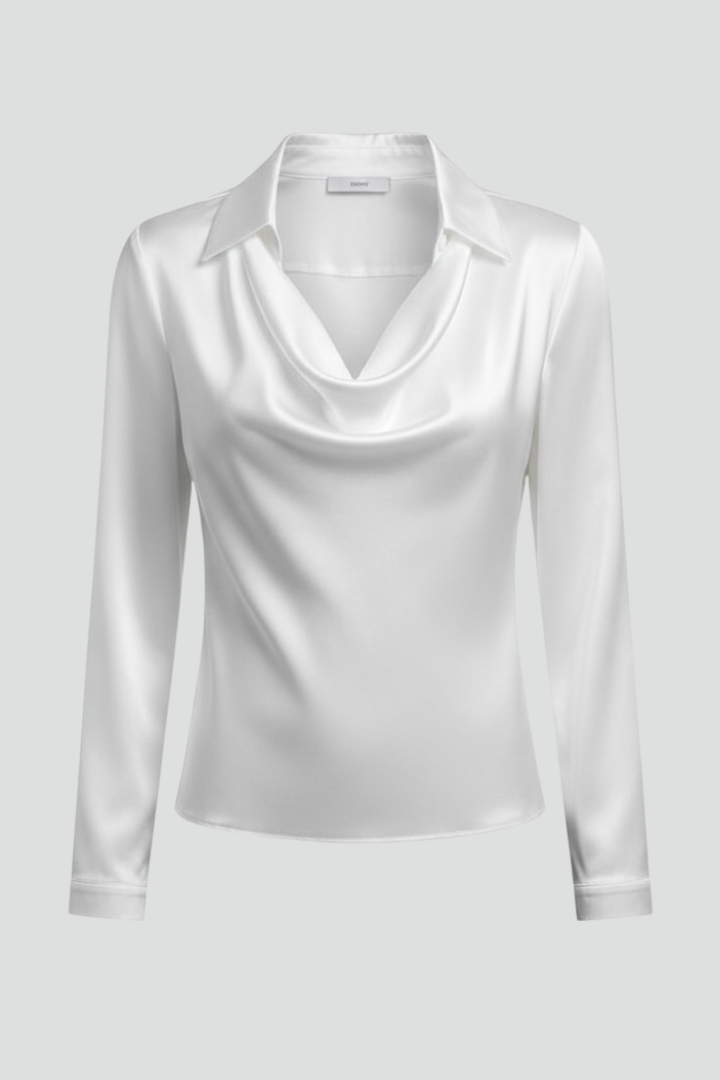 Blouse en Satin pour Femmes avec Col Drapé et Manches Longues
