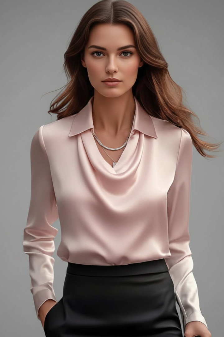 Blouse en Satin pour Femmes avec Col Drapé et Manches Longues