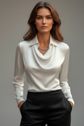 Blouse en Satin pour Femmes avec Col Drapé et Manches Longues