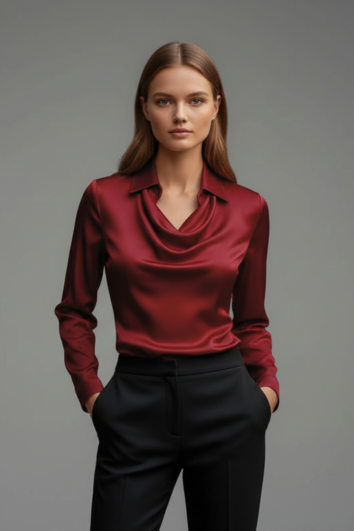 Blouse en Satin pour Femmes avec Col Drapé et Manches Longues