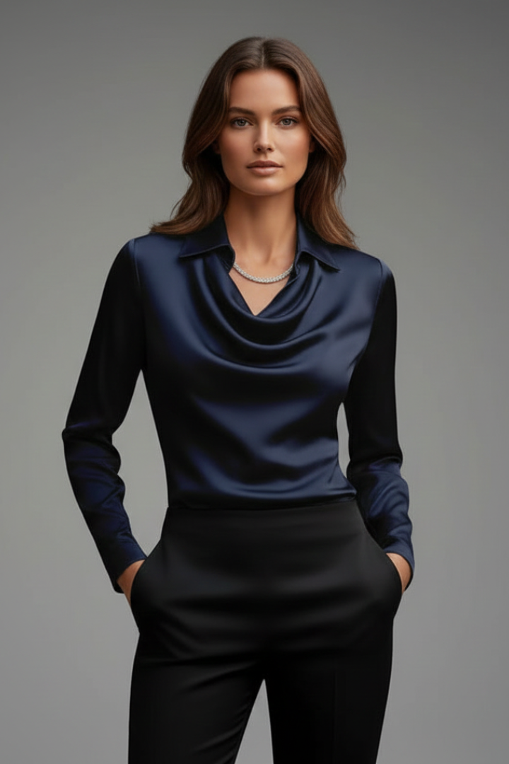 Blouse en Satin pour Femmes avec Col Drapé et Manches Longues