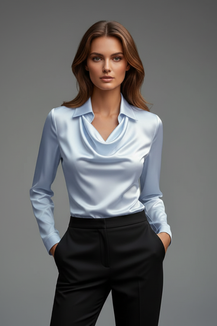 Blouse en Satin pour Femmes avec Col Drapé et Manches Longues