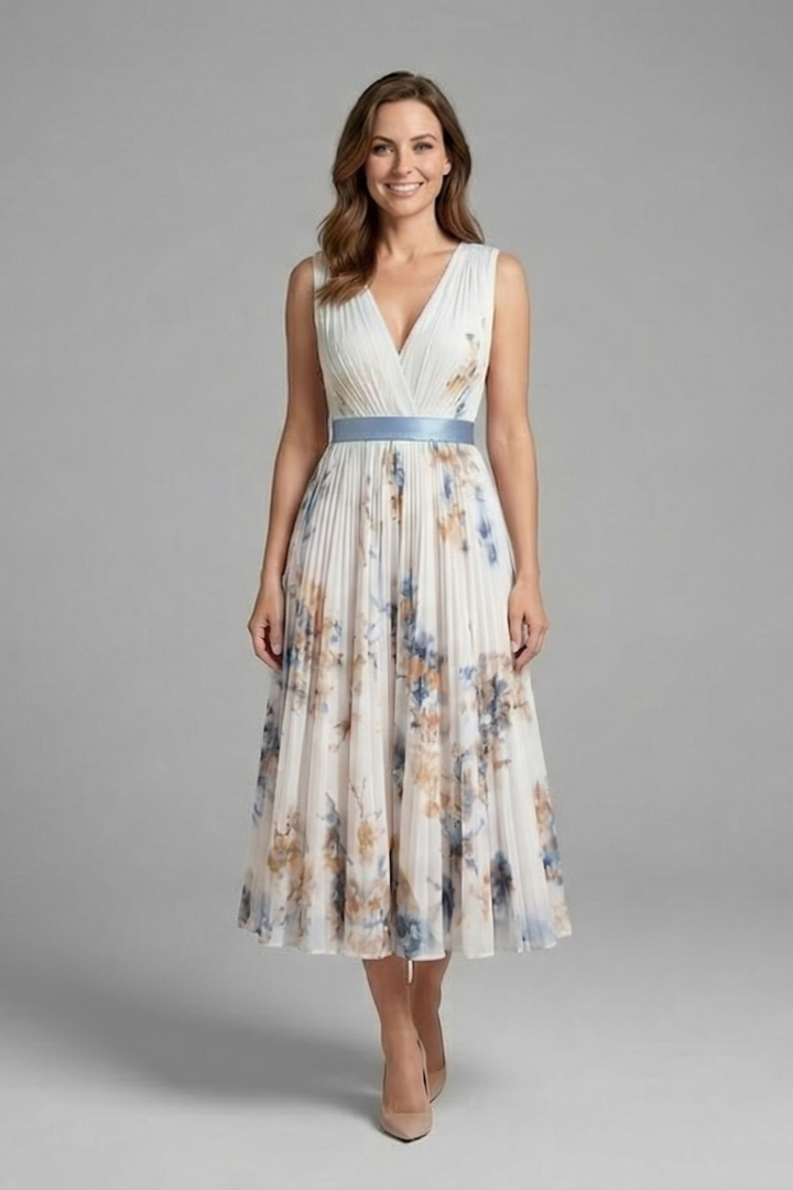 Robe sans manches pour femmes avec décolleté en V et jupe plissée