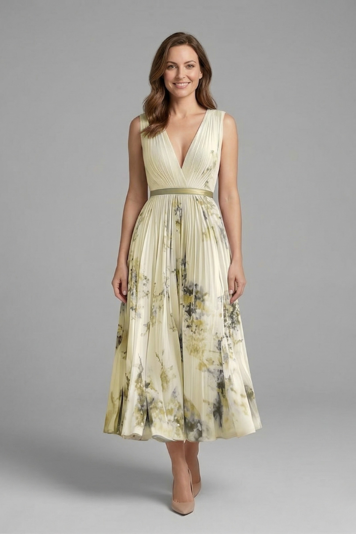 Robe sans manches pour femmes avec décolleté en V et jupe plissée
