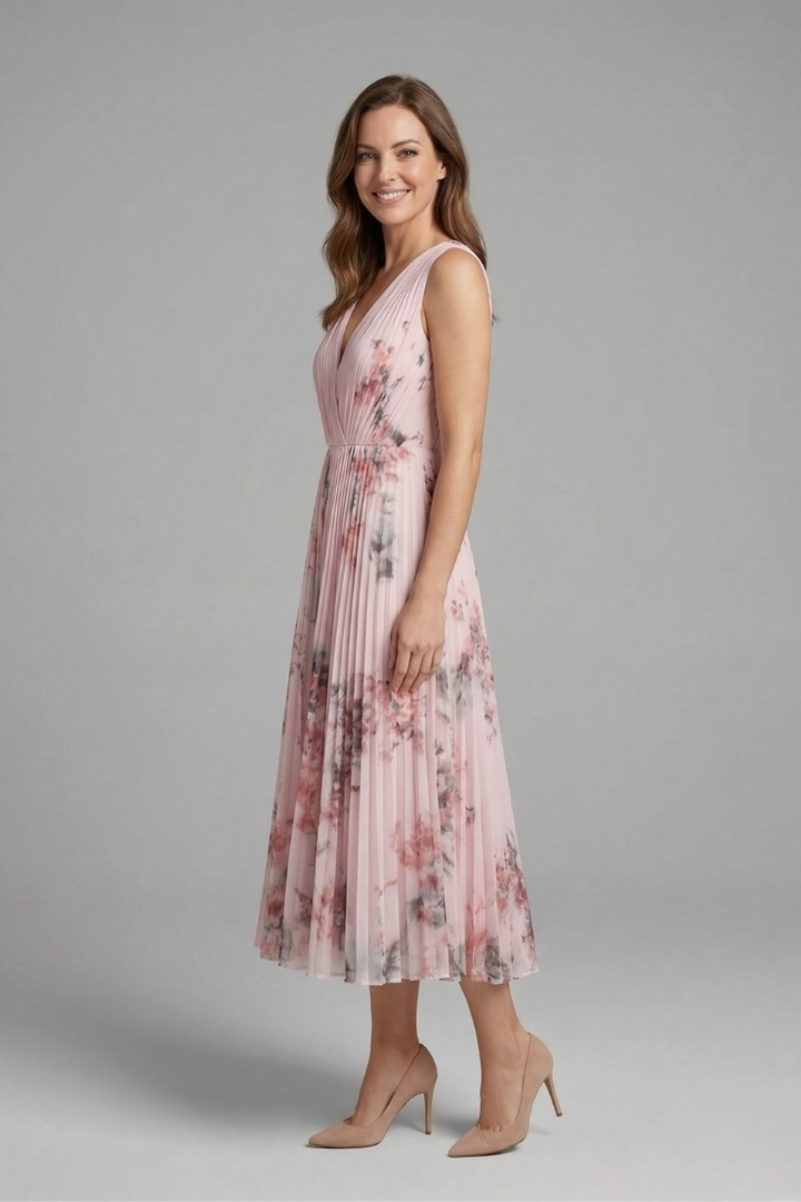 Robe sans manches pour femmes avec décolleté en V et jupe plissée