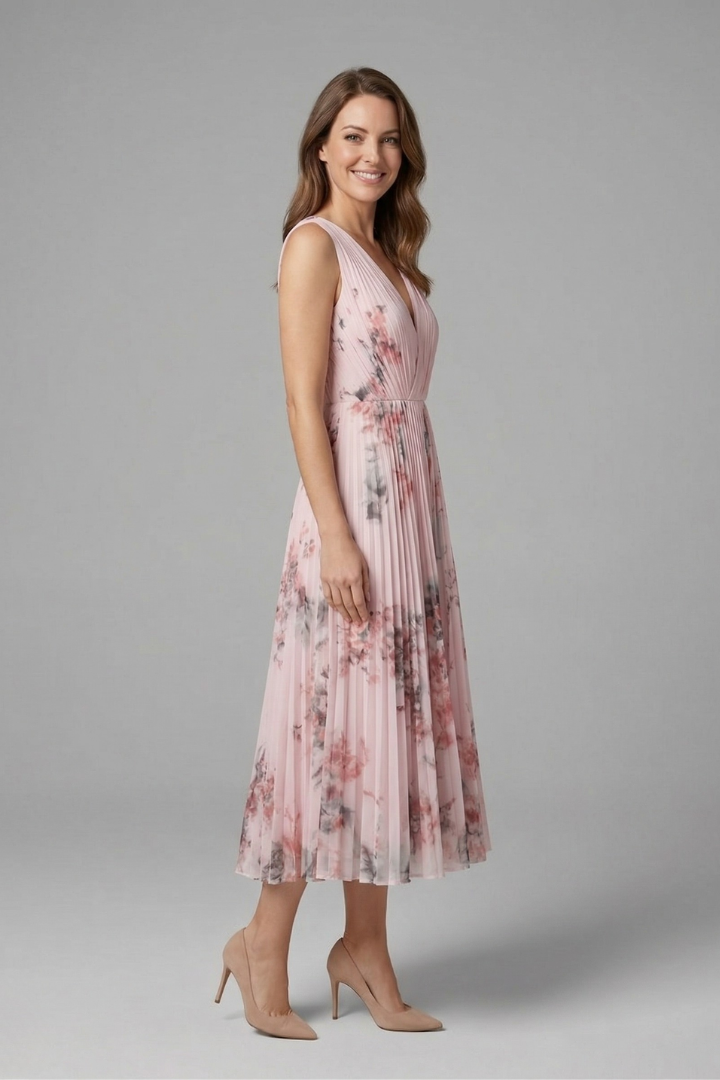 Robe sans manches pour femmes avec décolleté en V et jupe plissée