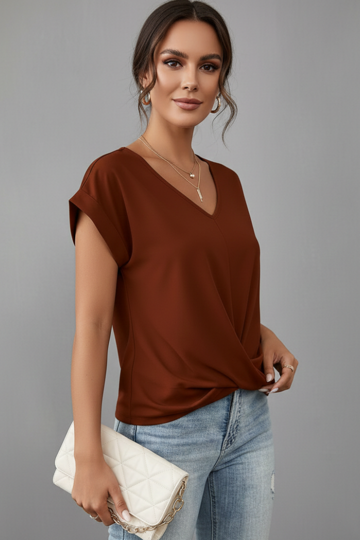 T-shirt Femme à Col V et Manches Courtes