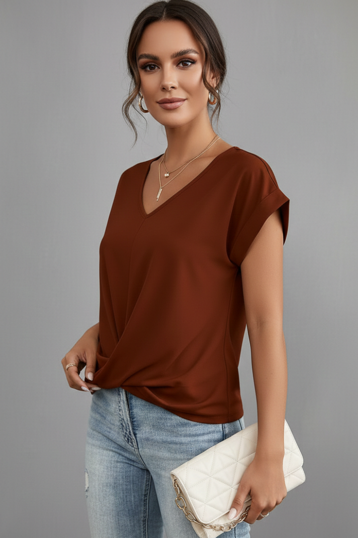 T-shirt Femme à Col V et Manches Courtes