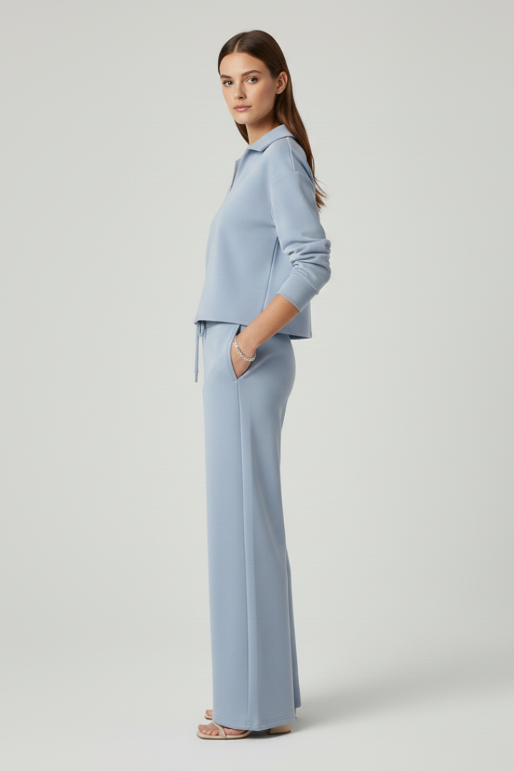 Ensemble Femme Deux Pièces avec Haut à Col V et Pantalons à Jambes Amples