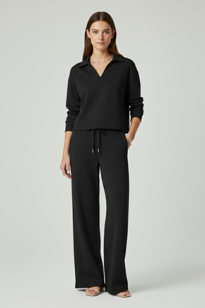Ensemble Femme Deux Pièces avec Haut à Col V et Pantalons à Jambes Amples