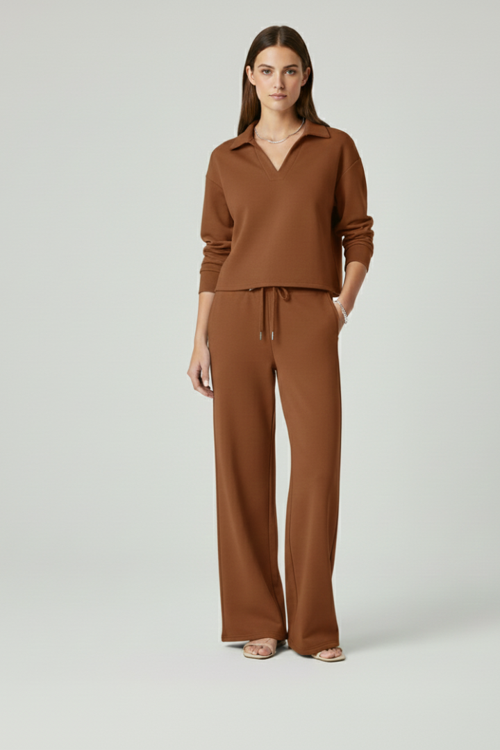 Ensemble Femme Deux Pièces avec Haut à Col V et Pantalons à Jambes Amples