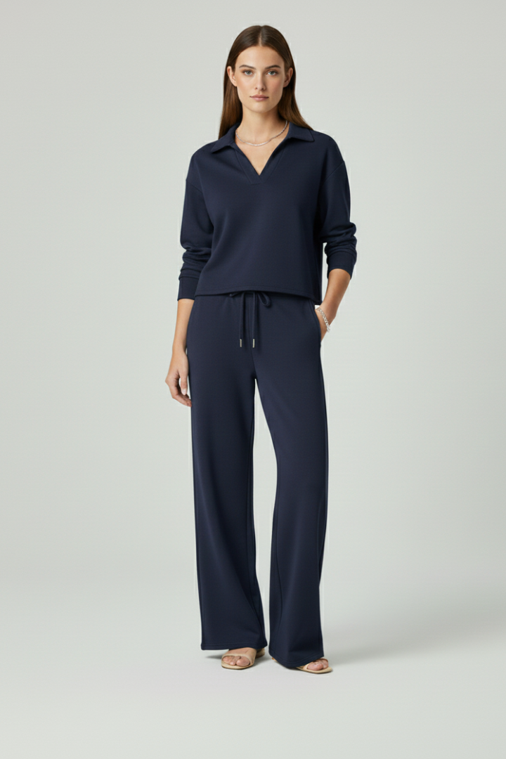 Ensemble Femme Deux Pièces avec Haut à Col V et Pantalons à Jambes Amples