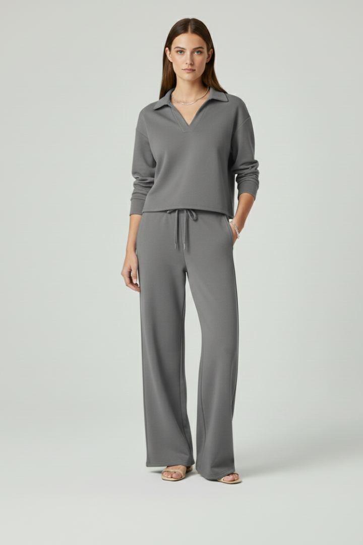 Ensemble Femme Deux Pièces avec Haut à Col V et Pantalons à Jambes Amples