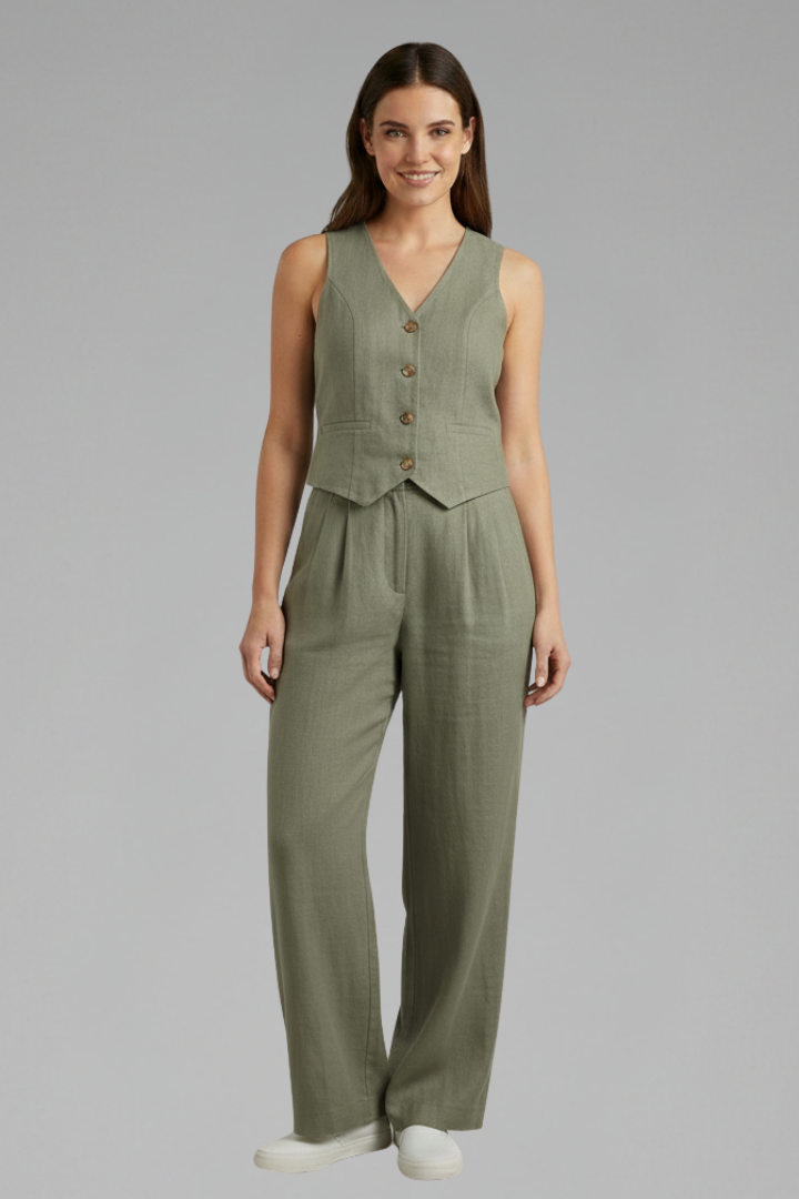 Ensemble Femme Deux Pièces avec Gilet à Col V et Pantalons Amples