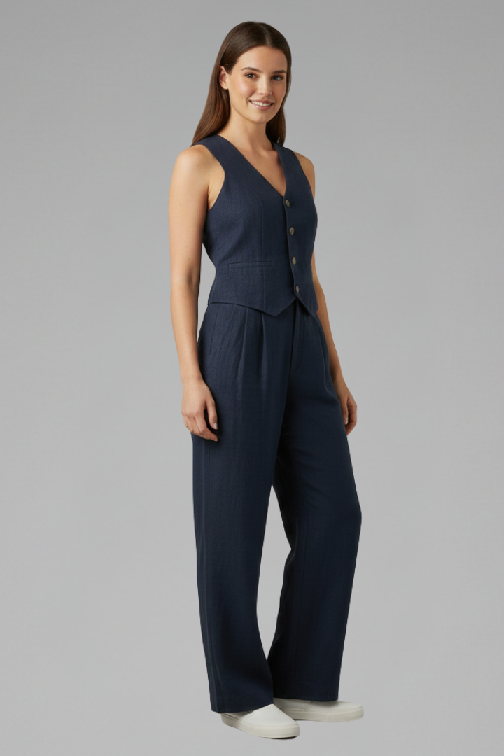 Ensemble Femme Deux Pièces avec Gilet à Col V et Pantalons Amples