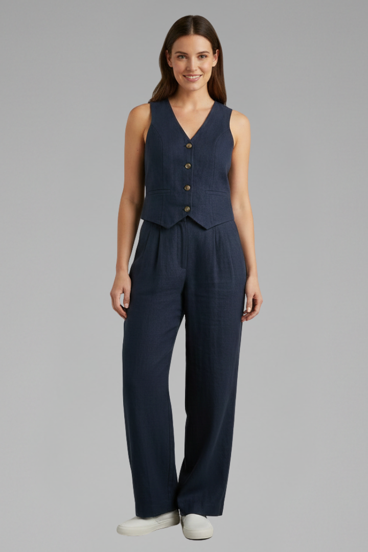 Ensemble Femme Deux Pièces avec Gilet à Col V et Pantalons Amples