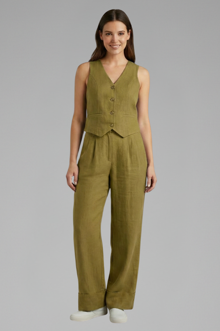 Ensemble Femme Deux Pièces avec Gilet à Col V et Pantalons Amples