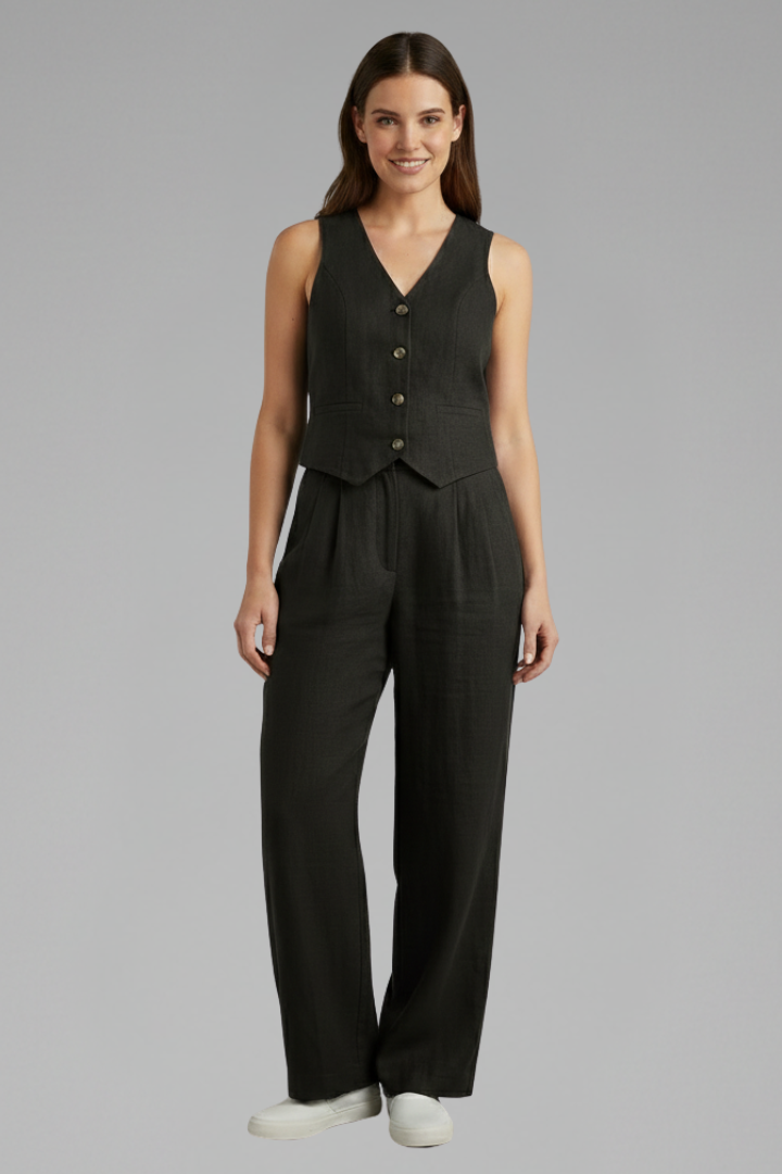 Ensemble Femme Deux Pièces avec Gilet à Col V et Pantalons Amples