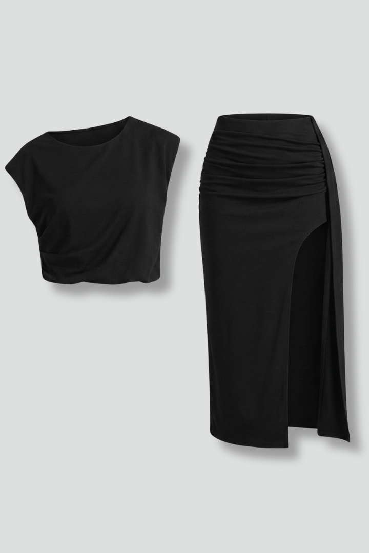 Ensemble Femme Deux Pièces avec Top Asymétrique et Jupe Midi