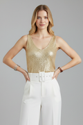 Top Femme à Col V avec Décoration de Sequins et Coupe Polyvalente