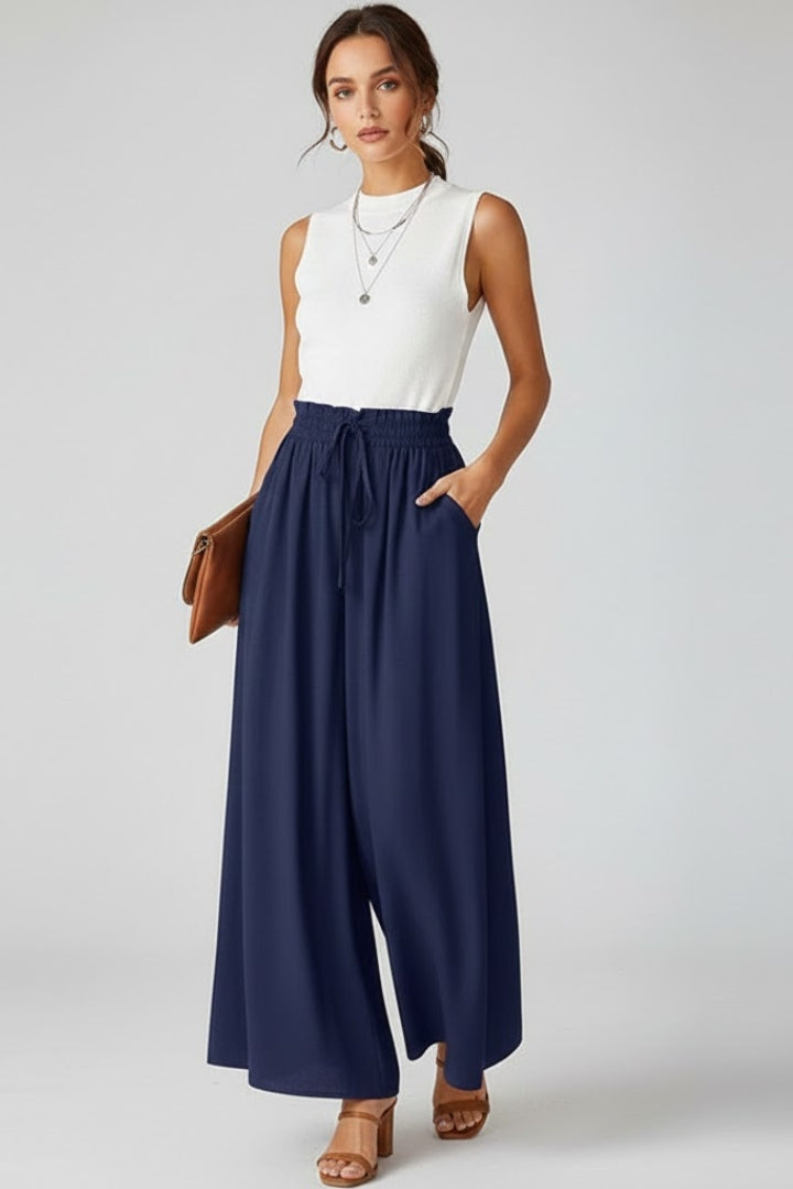 Pantalons larges pour femmes avec taille haute et poches à cordon