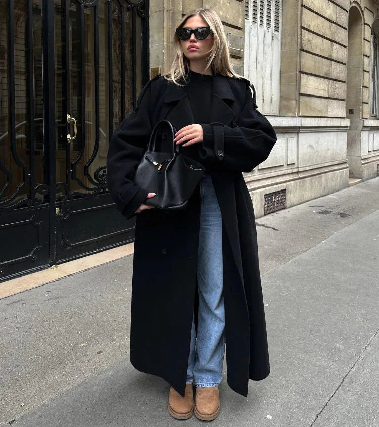 Manteau en Laine Mélangée Croisé pour Femmes