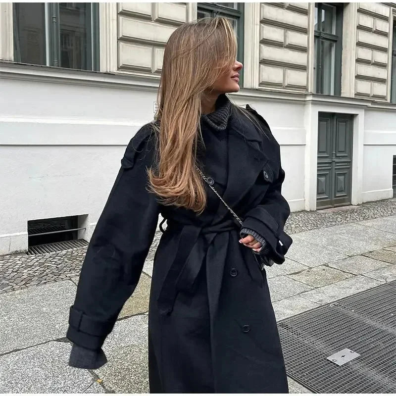 Manteau en Laine Mélangée Croisé pour Femmes