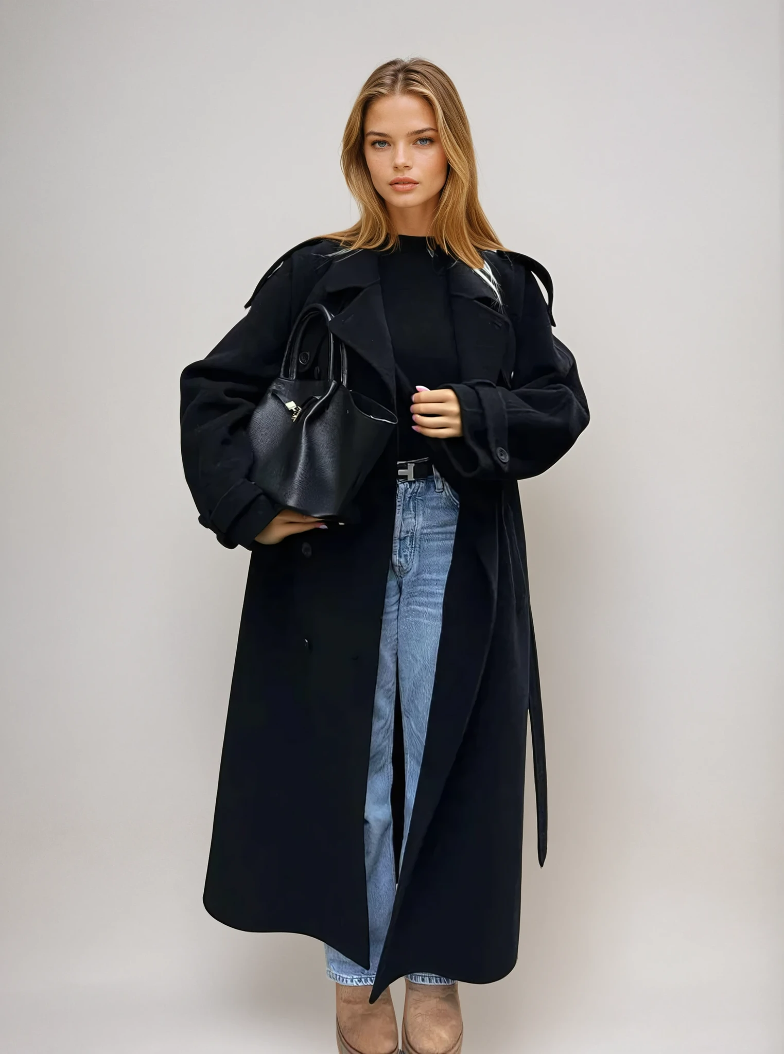 Manteau en Laine Mélangée Croisé pour Femmes
